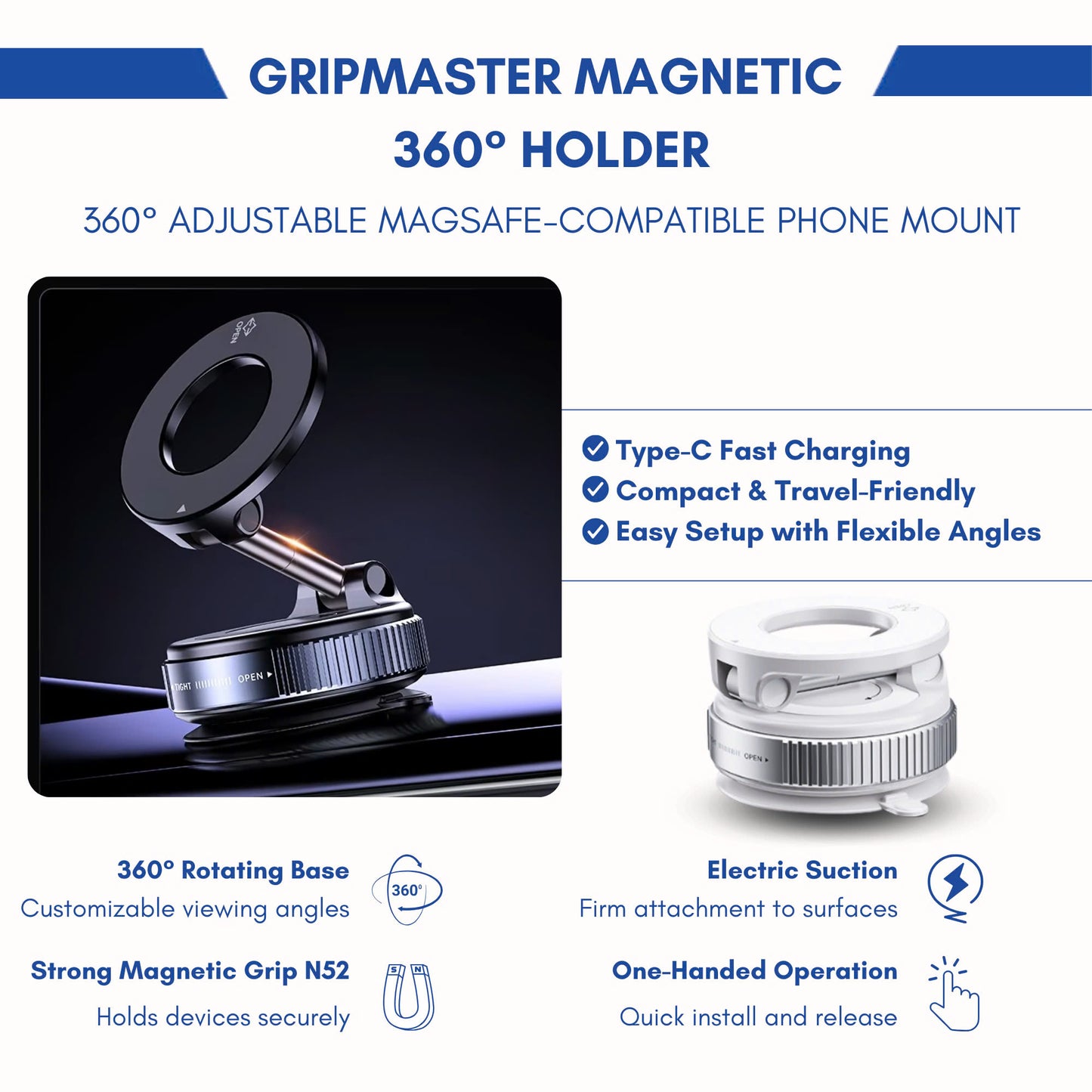 HUBBTECHPRO™ GripMaster 360° Magnetic Vacuum Phone Mount