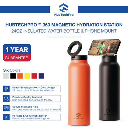 HubbTechPro™️ Ringo360 Magnetic Hydration Station - 24oz Insulated Water Bottle & Phone Mount