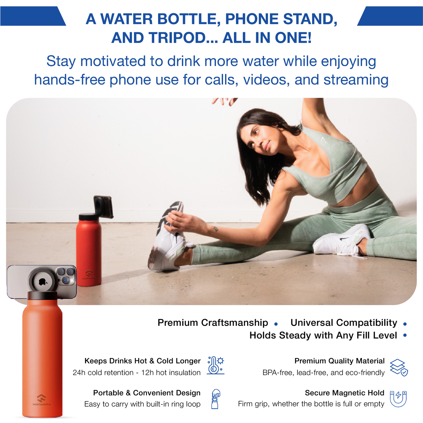 HubbTechPro™️ Ringo360 Magnetic Hydration Station - 24oz Insulated Water Bottle & Phone Mount