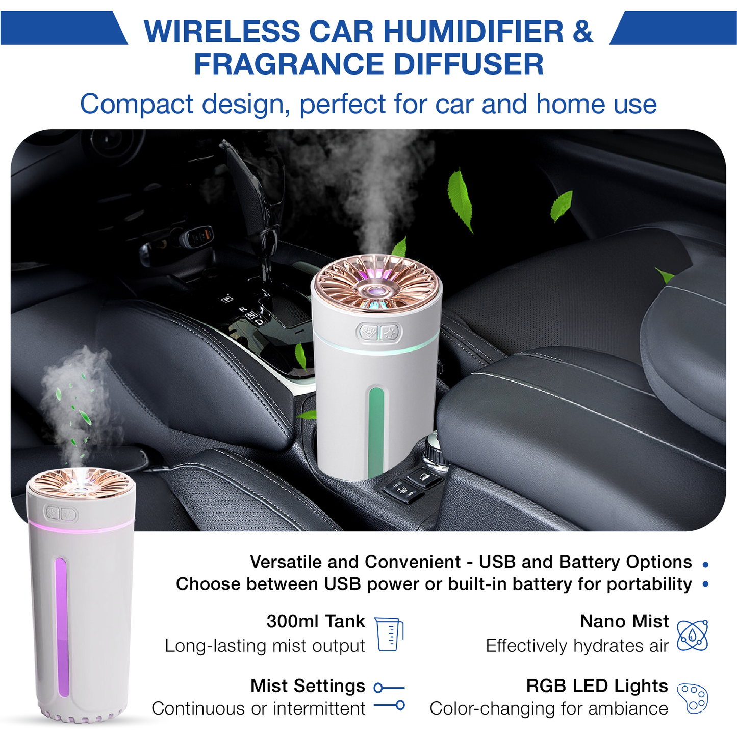 HUBBTECHPRO™ AuraMist Car & Home Humidifier with RGB LED Lights